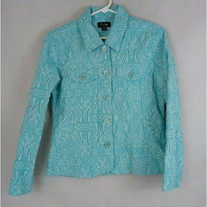 Analogy Petite Women's Light Blue Jacket Blazer With Emroidered Retro Designs PM
